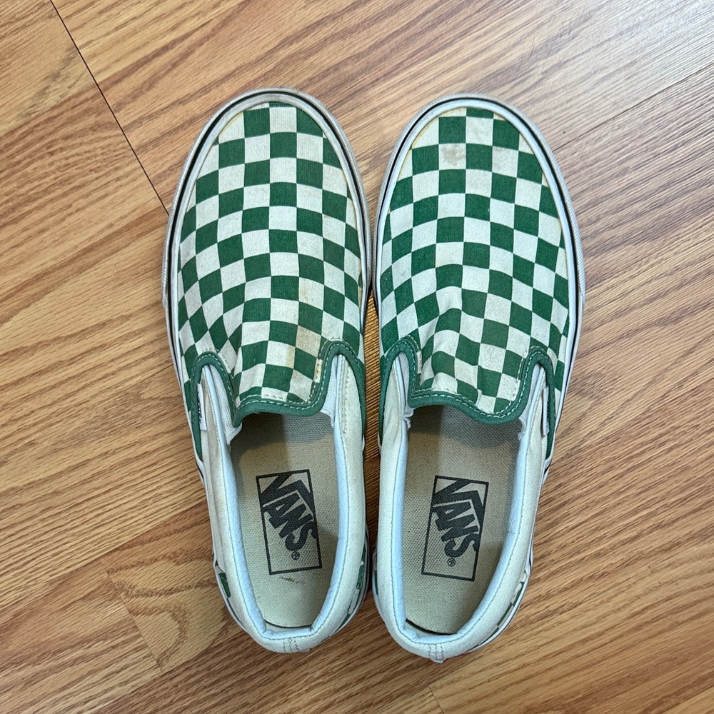Vans Green and White Checkered Slip-On Sneakers